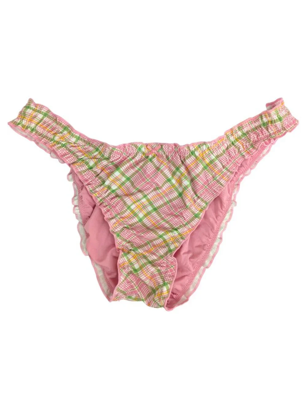 Pink X Frankie's Bikinis Pink Green Bikini Set Strawberry Plaid Ruffle Size M